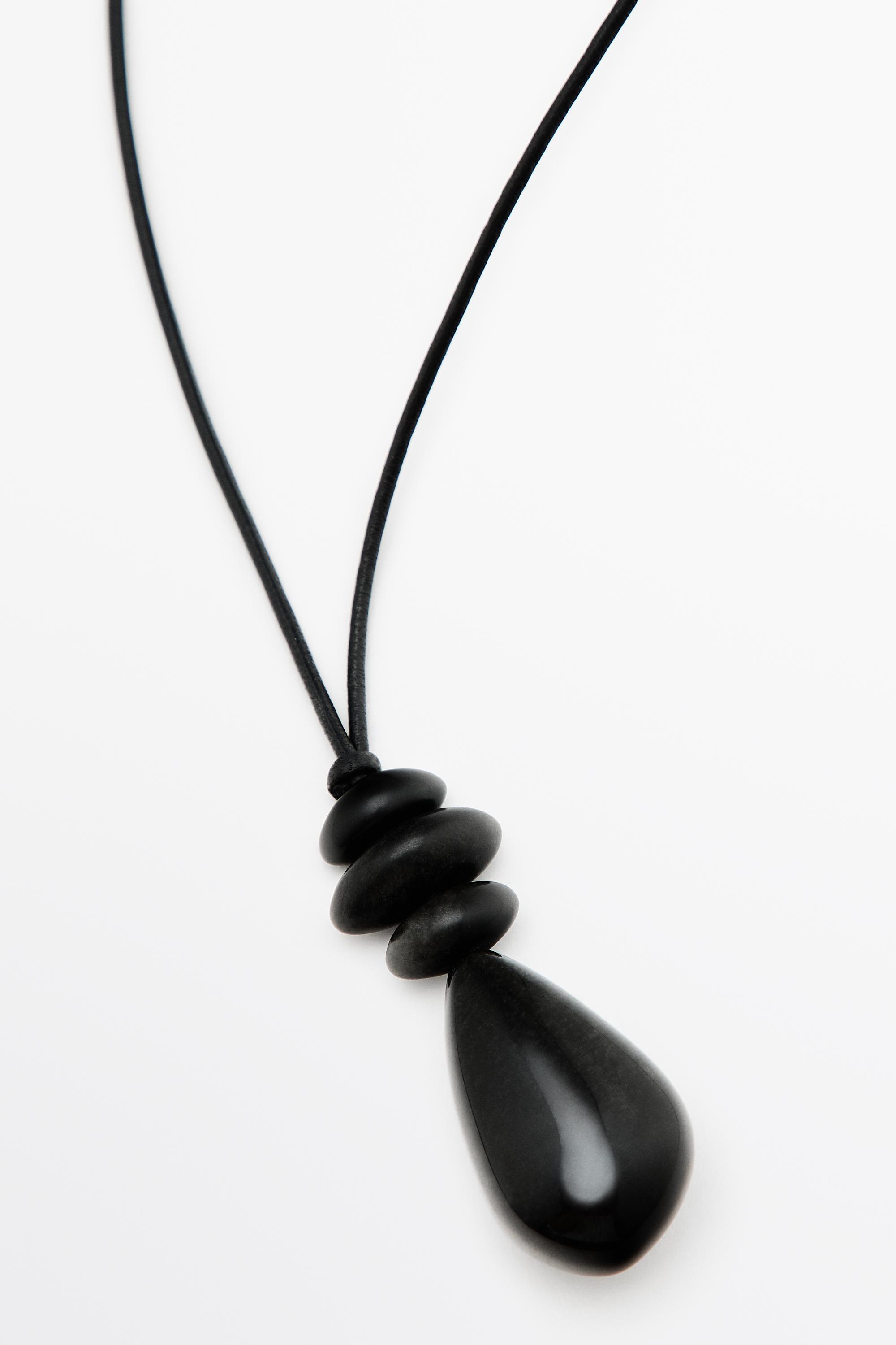 Long leather cord stone necklace